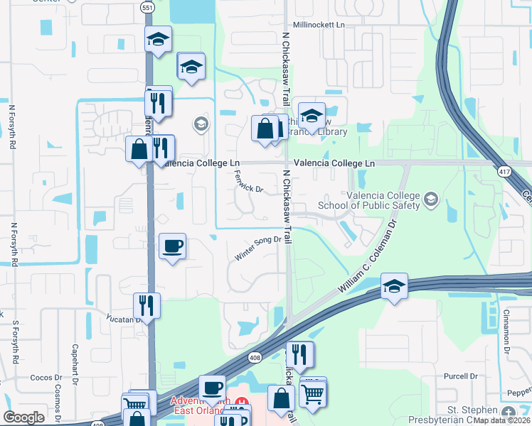map of restaurants, bars, coffee shops, grocery stores, and more near 521 Madrigal Court in Orlando