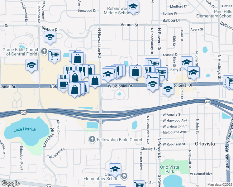 map of restaurants, bars, coffee shops, grocery stores, and more near 727 Royal Lake Circle in Orlando