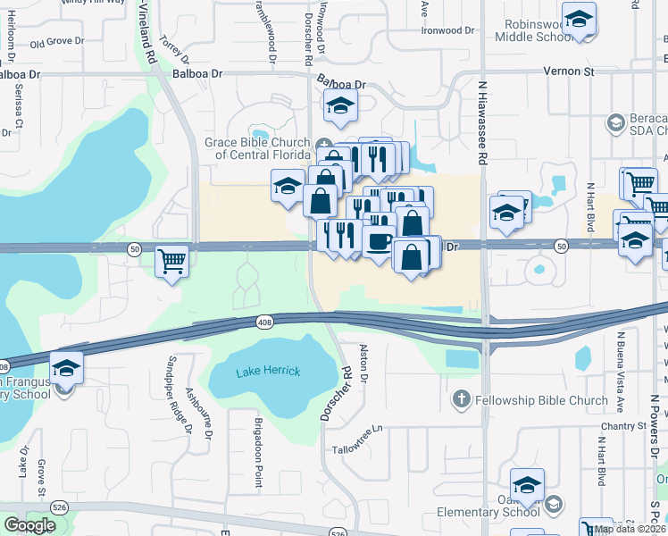 map of restaurants, bars, coffee shops, grocery stores, and more near 7456 West Colonial Drive in Orlando