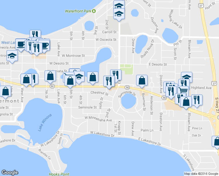 map of restaurants, bars, coffee shops, grocery stores, and more near 151 Highway 50 in Clermont