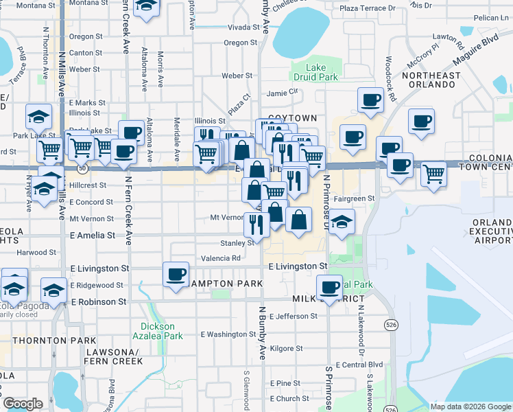 map of restaurants, bars, coffee shops, grocery stores, and more near 550 North Bumby Avenue in Orlando