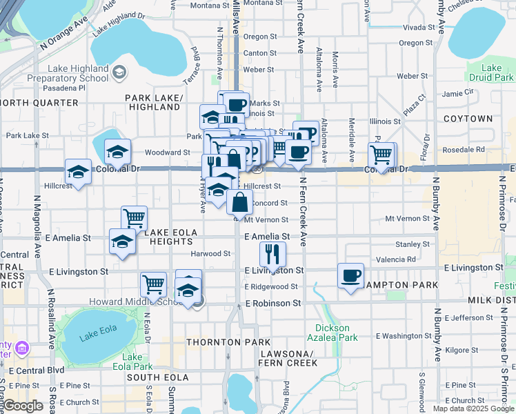 map of restaurants, bars, coffee shops, grocery stores, and more near 1234 East Concord Street in Orlando