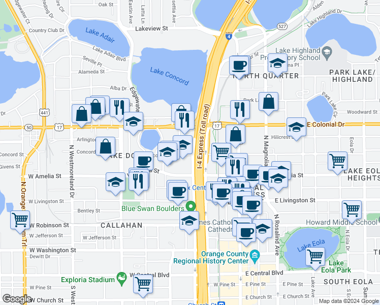 map of restaurants, bars, coffee shops, grocery stores, and more near 317 Concord Street in Orlando