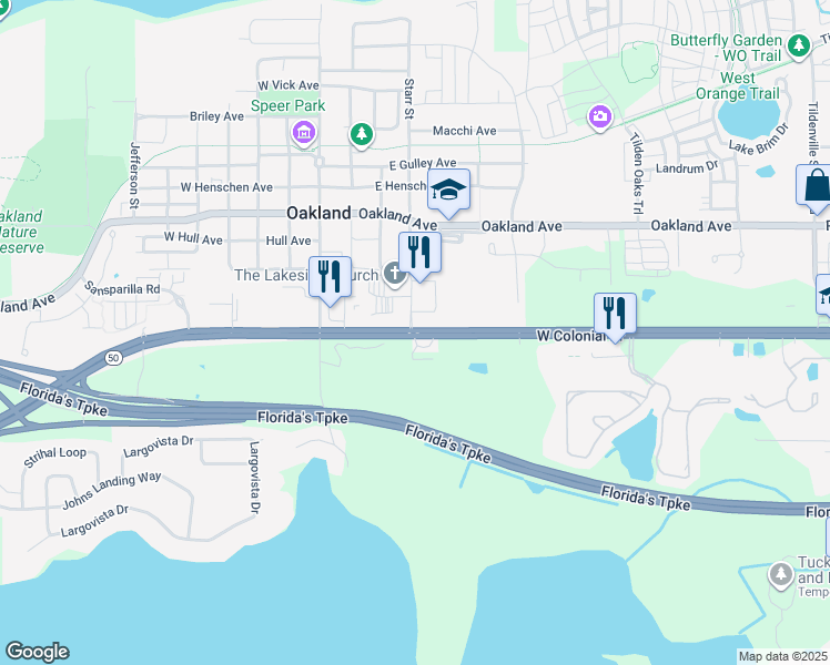 map of restaurants, bars, coffee shops, grocery stores, and more near 15992 West Colonial Drive in Oakland
