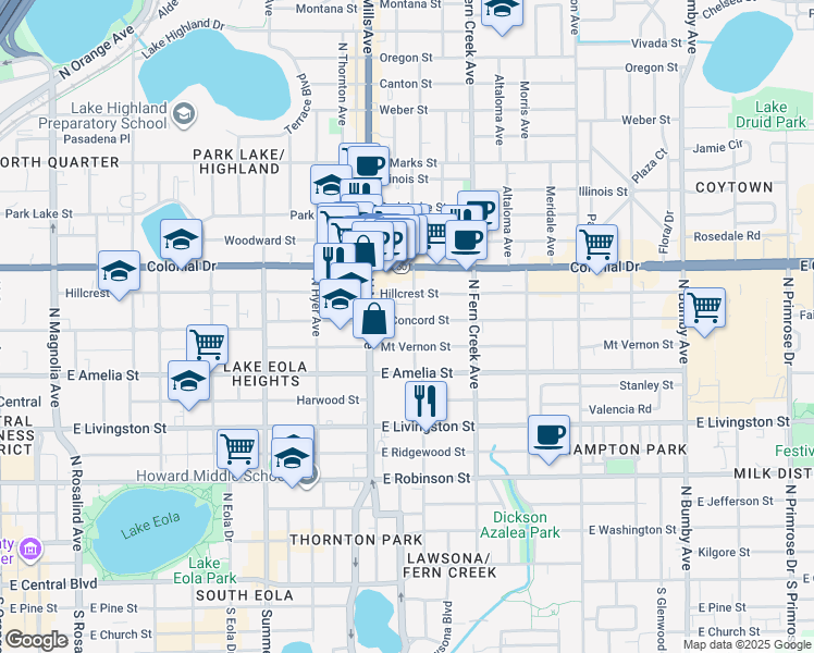 map of restaurants, bars, coffee shops, grocery stores, and more near 1234 East Concord Street in Orlando