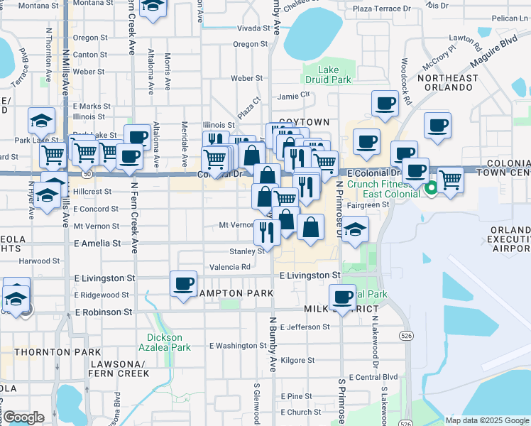map of restaurants, bars, coffee shops, grocery stores, and more near 550 North Bumby Avenue in Orlando
