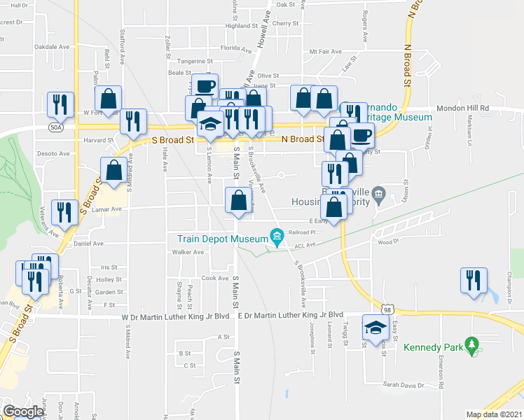 map of restaurants, bars, coffee shops, grocery stores, and more near 400 South Brooksville Avenue in Brooksville
