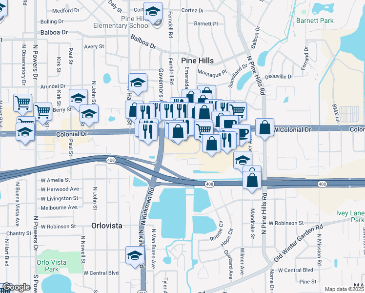 map of restaurants, bars, coffee shops, grocery stores, and more near 5524 West Colonial Drive in Orlando