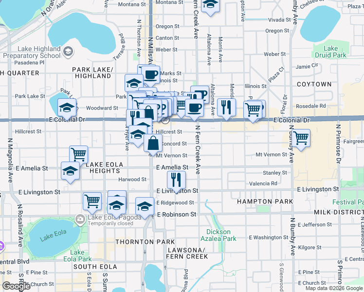 map of restaurants, bars, coffee shops, grocery stores, and more near 1500 East Concord Street in Orlando