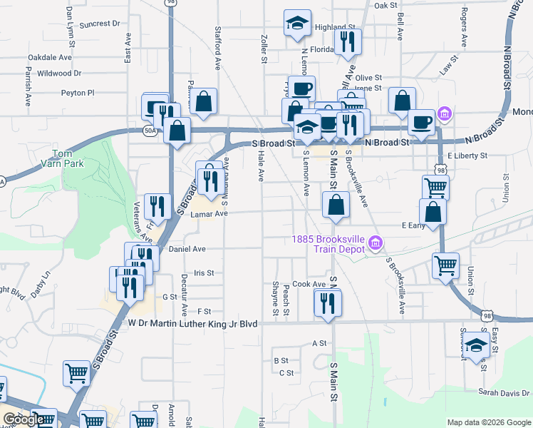 map of restaurants, bars, coffee shops, grocery stores, and more near 405 Hale Avenue in Brooksville