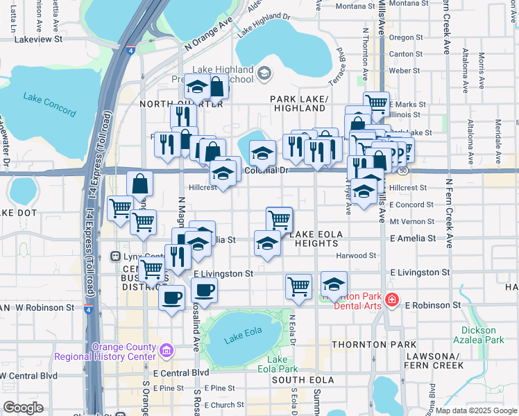 map of restaurants, bars, coffee shops, grocery stores, and more near 413 East Concord Street in Orlando