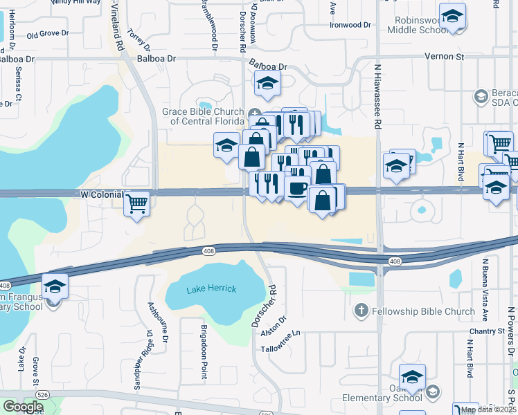 map of restaurants, bars, coffee shops, grocery stores, and more near 7456 West Colonial Drive in Orlando