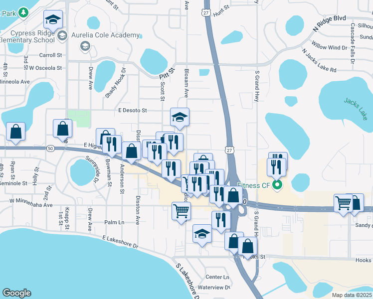 map of restaurants, bars, coffee shops, grocery stores, and more near 680 East Highland Avenue in Clermont