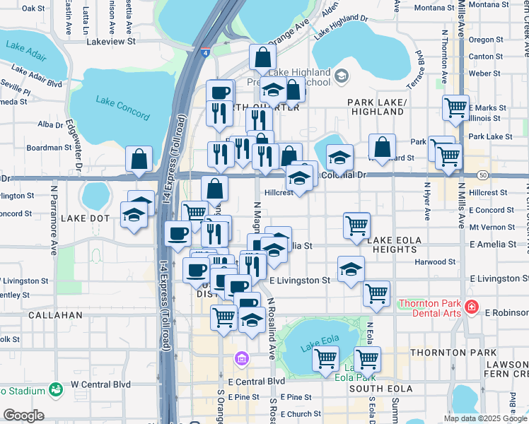 map of restaurants, bars, coffee shops, grocery stores, and more near 601 North Magnolia Avenue in Orlando