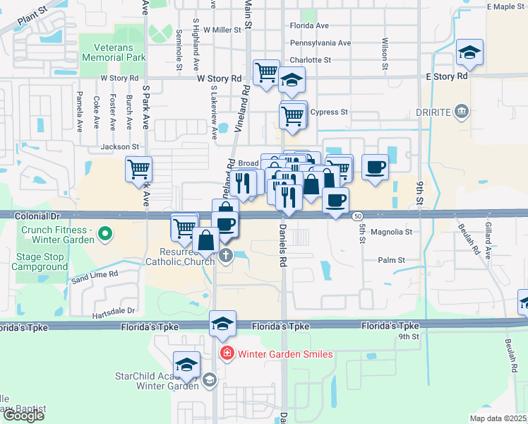 map of restaurants, bars, coffee shops, grocery stores, and more near 13520 West Colonial Drive in Winter Garden