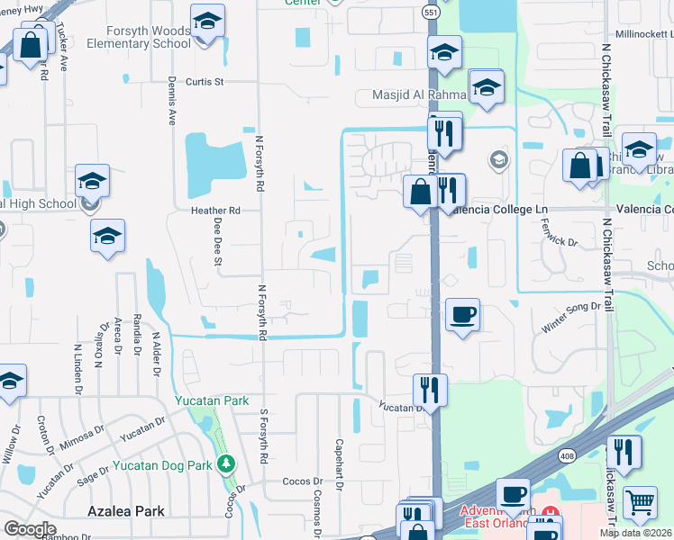 map of restaurants, bars, coffee shops, grocery stores, and more near 6852 Ebans Bend in Azalea Park