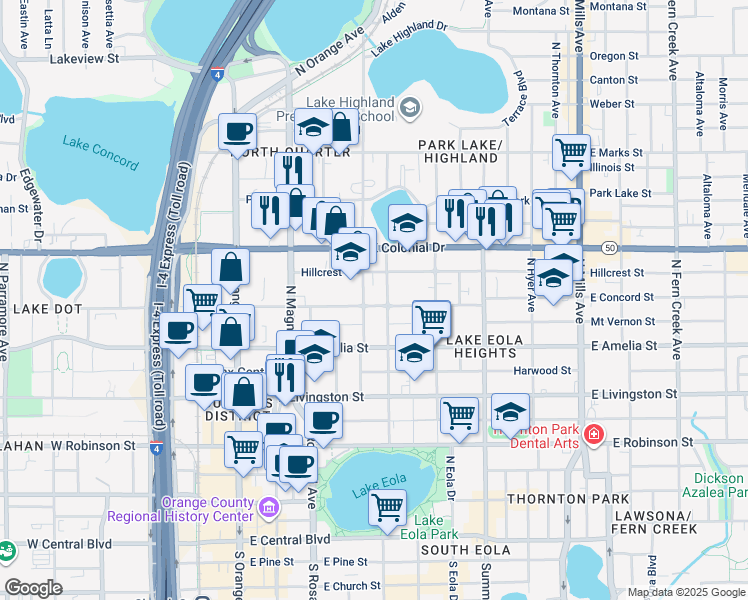 map of restaurants, bars, coffee shops, grocery stores, and more near 309 East Concord Street in Orlando