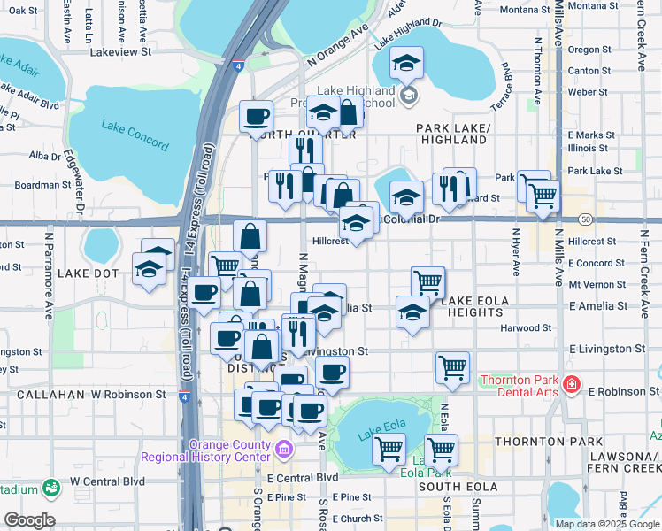 map of restaurants, bars, coffee shops, grocery stores, and more near 203 East Concord Street in Orlando