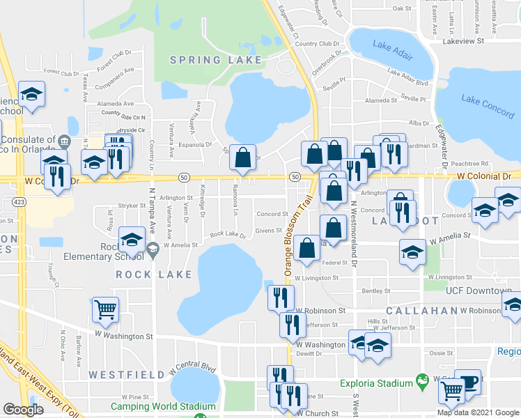 map of restaurants, bars, coffee shops, grocery stores, and more near 1339 Concord Street in Orlando