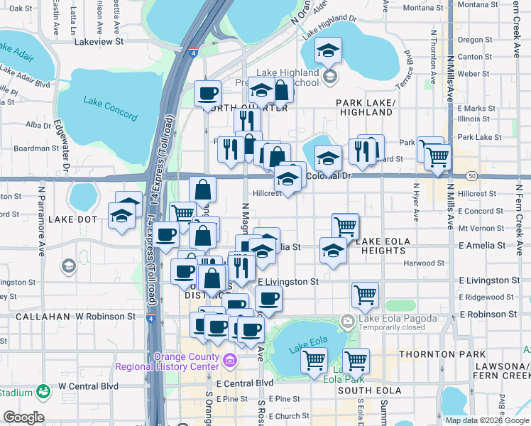 map of restaurants, bars, coffee shops, grocery stores, and more near 203 East Concord Street in Orlando