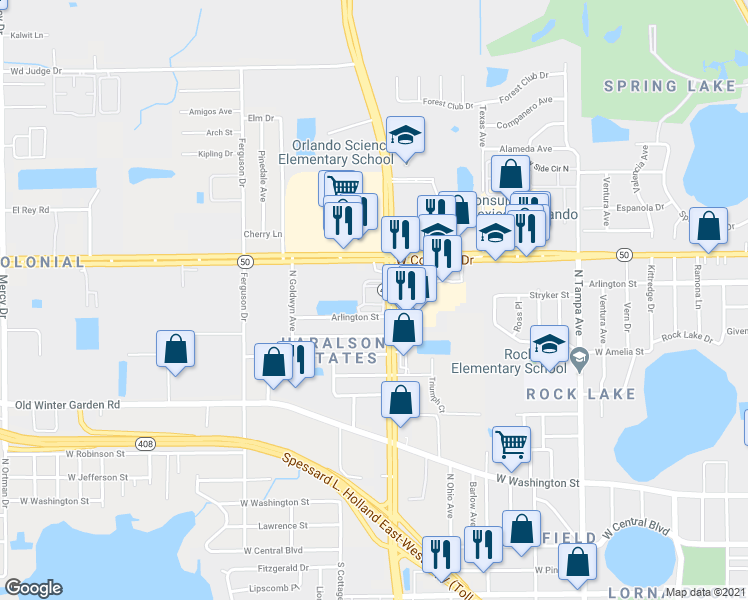 map of restaurants, bars, coffee shops, grocery stores, and more near 2803 Arlington Street in Orlando