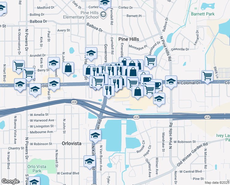 map of restaurants, bars, coffee shops, grocery stores, and more near 655 N Kirkman Rd in Orlovista