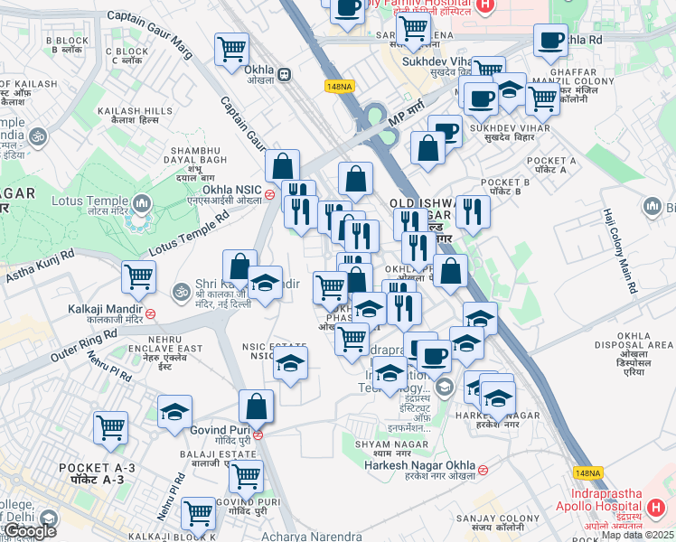 map of restaurants, bars, coffee shops, grocery stores, and more near Okhla Industrial Estate Phase 3 Road in New Delhi