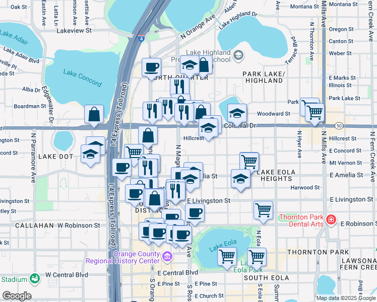 map of restaurants, bars, coffee shops, grocery stores, and more near 115 East Concord Street in Orlando