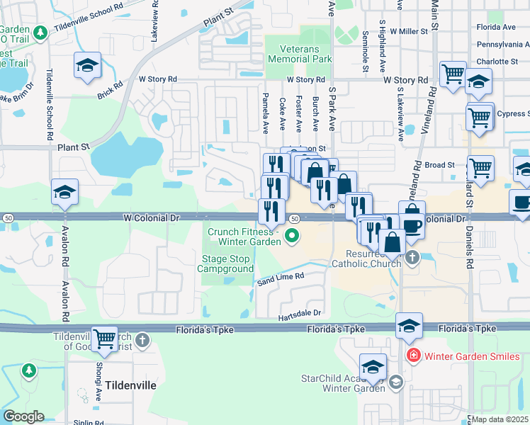 map of restaurants, bars, coffee shops, grocery stores, and more near 14253 Florida 50 in Winter Garden