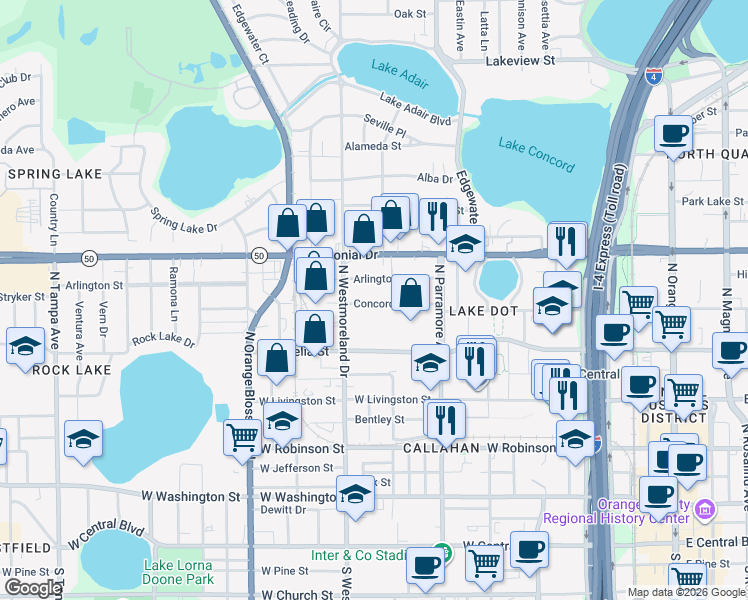 map of restaurants, bars, coffee shops, grocery stores, and more near 810 Concord Street in Orlando