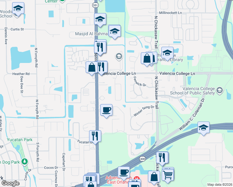 map of restaurants, bars, coffee shops, grocery stores, and more near 538 Short Pine Circle in Orlando