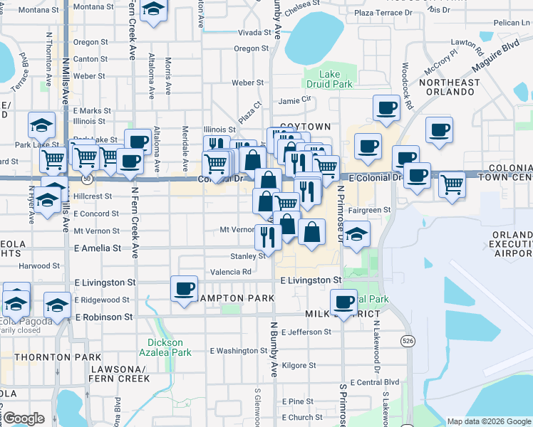 map of restaurants, bars, coffee shops, grocery stores, and more near 550 North Bumby Avenue in Orlando