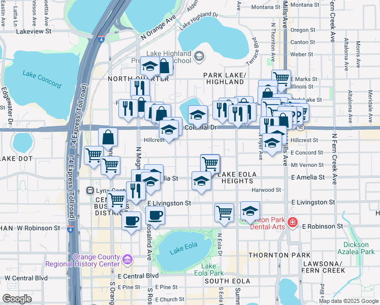 map of restaurants, bars, coffee shops, grocery stores, and more near 413 East Concord Street in Orlando