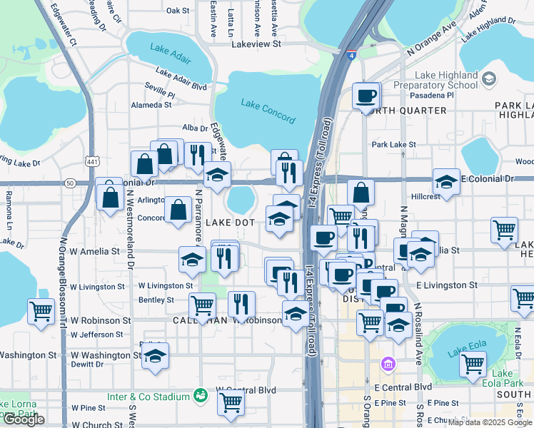 map of restaurants, bars, coffee shops, grocery stores, and more near 605 Lake Dot Circle in Orlando