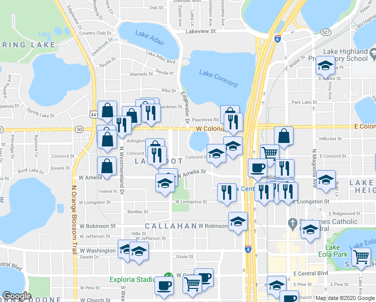 map of restaurants, bars, coffee shops, grocery stores, and more near 600 Lake Dot Circle in Orlando