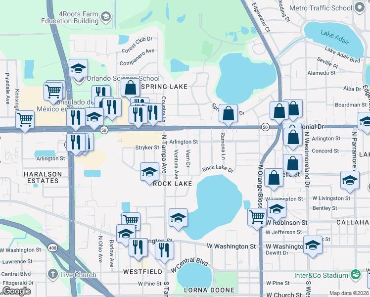 map of restaurants, bars, coffee shops, grocery stores, and more near 603 Vern Drive in Orlando