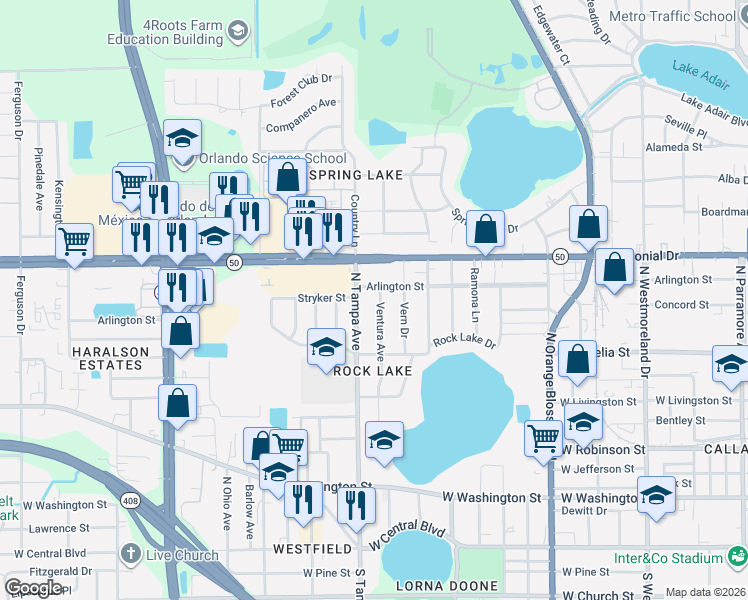map of restaurants, bars, coffee shops, grocery stores, and more near 606 Ventura Avenue in Orlando