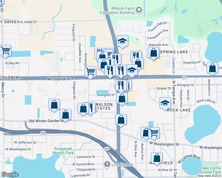 map of restaurants, bars, coffee shops, grocery stores, and more near 2901 Arlington Street in Orlando