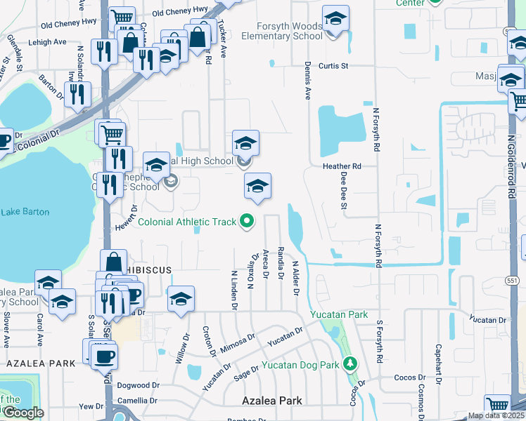 map of restaurants, bars, coffee shops, grocery stores, and more near 6201 Nandina Drive in Orlando