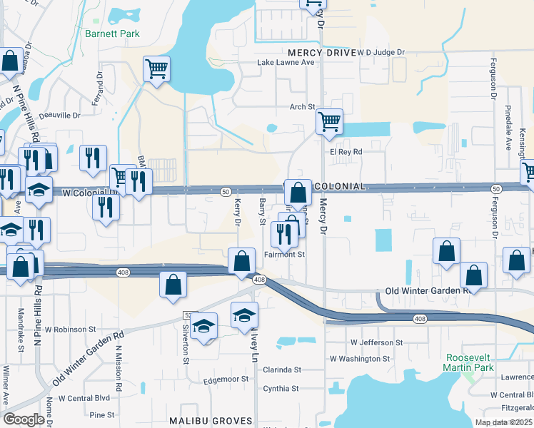 map of restaurants, bars, coffee shops, grocery stores, and more near 611 Barry Street in Orlando