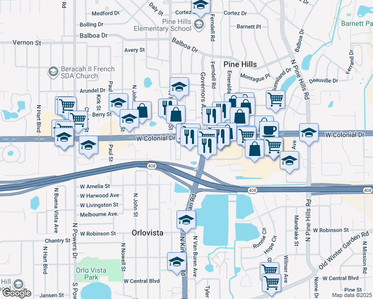 map of restaurants, bars, coffee shops, grocery stores, and more near 5600 West Colonial Drive in Orlando