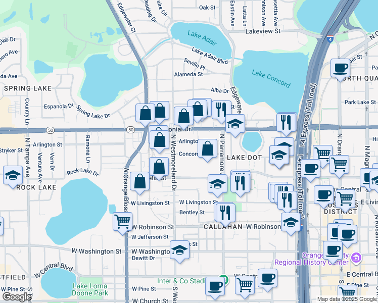 map of restaurants, bars, coffee shops, grocery stores, and more near 810 Concord Street in Orlando