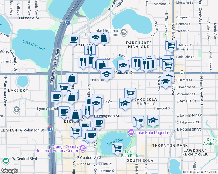 map of restaurants, bars, coffee shops, grocery stores, and more near 309 East Concord Street in Orlando