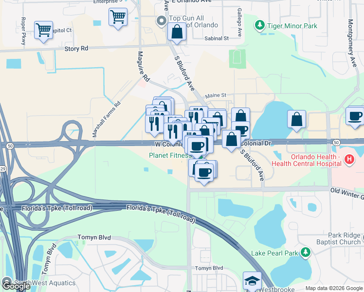 map of restaurants, bars, coffee shops, grocery stores, and more near 11050 West Colonial Drive in Ocoee