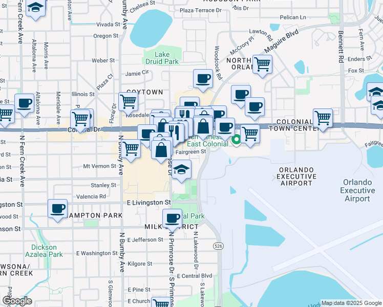 map of restaurants, bars, coffee shops, grocery stores, and more near 595 North Primrose Drive in Orlando