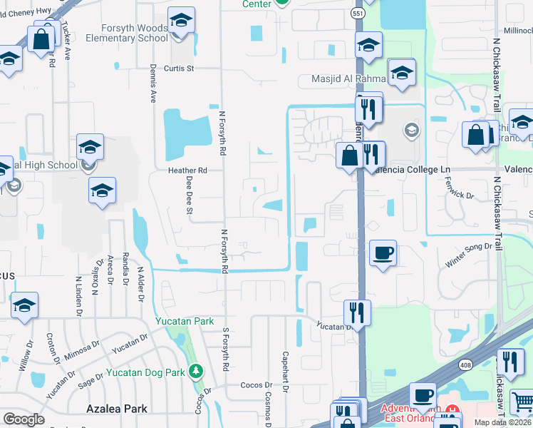 map of restaurants, bars, coffee shops, grocery stores, and more near 6850-6852 Ebans Bend in Azalea Park