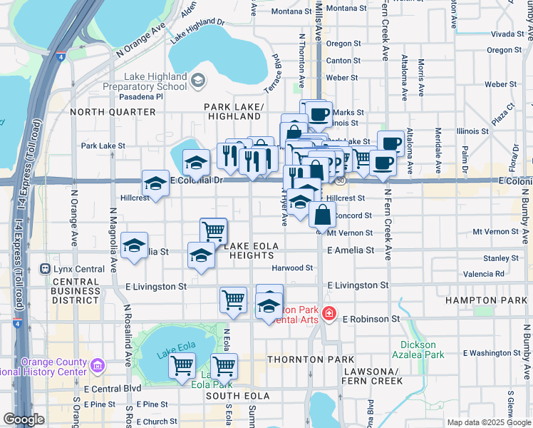 map of restaurants, bars, coffee shops, grocery stores, and more near 724 East Concord Street in Orlando