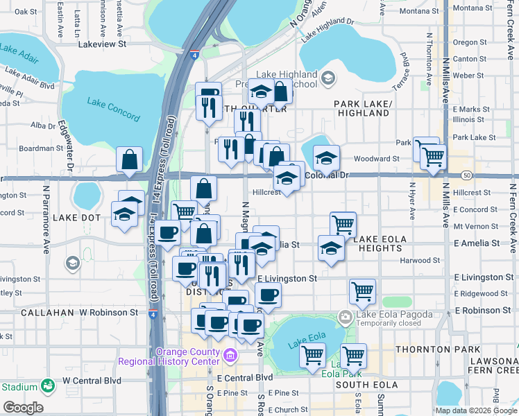 map of restaurants, bars, coffee shops, grocery stores, and more near 601 North Magnolia Avenue in Orlando