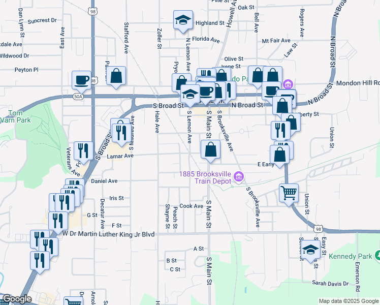 map of restaurants, bars, coffee shops, grocery stores, and more near 234 Lamar Avenue in Brooksville