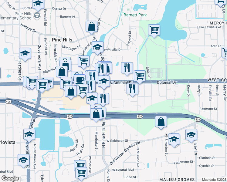 map of restaurants, bars, coffee shops, grocery stores, and more near 4915 West Concord Avenue in Orlando